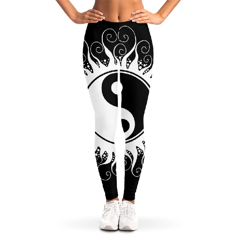 Black And White Yin Yang Sun Print Women's Leggings Classic Solid Color Leggings
