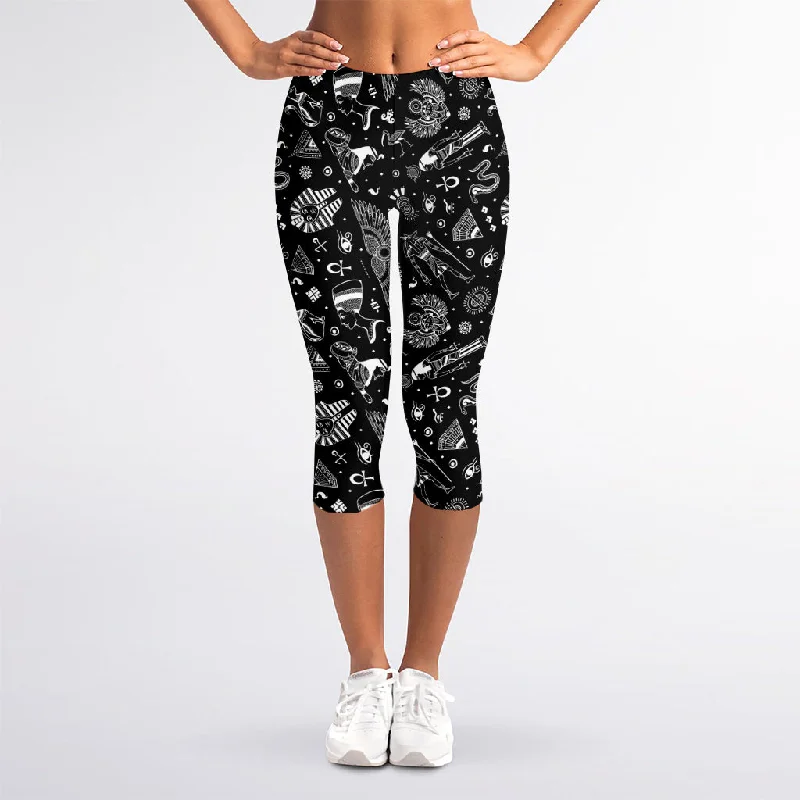 Black And White Egyptian Pattern Print Women's Capri Leggings Elegant Animal Print Leggings
