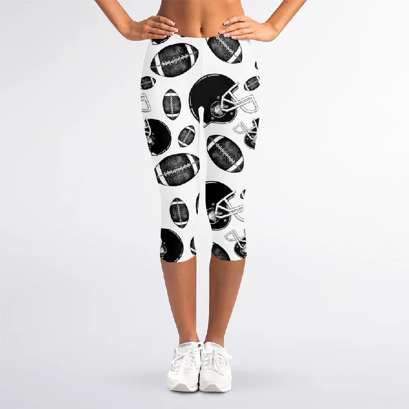 Black And White American Football Print Women's Capri Leggings Fashionable High-Rise Workout Leggings