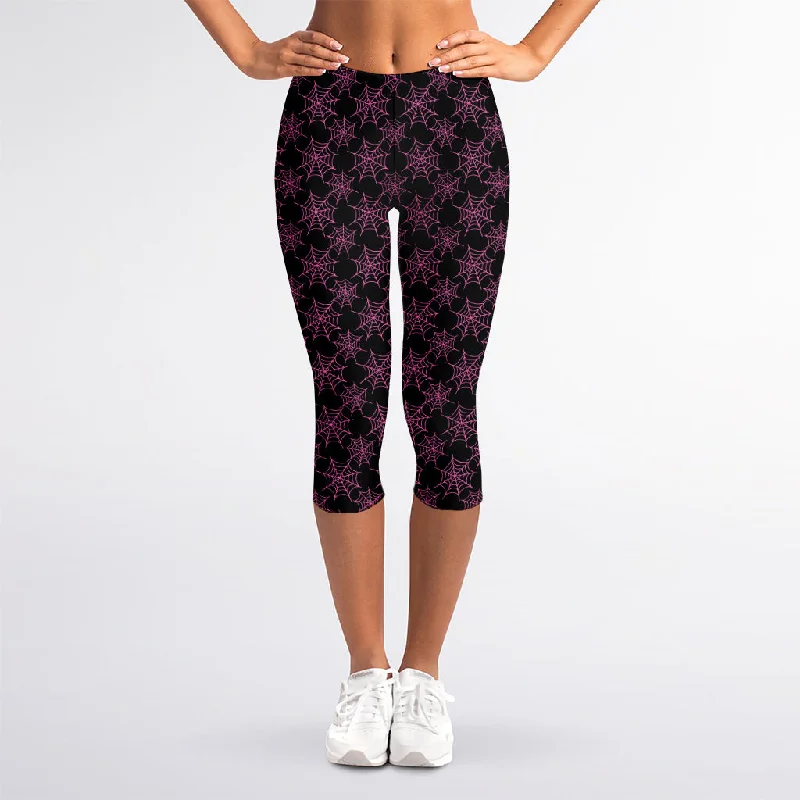 Black And Pink Spider Web Pattern Print Women's Capri Leggings Trendy Flared Leggings