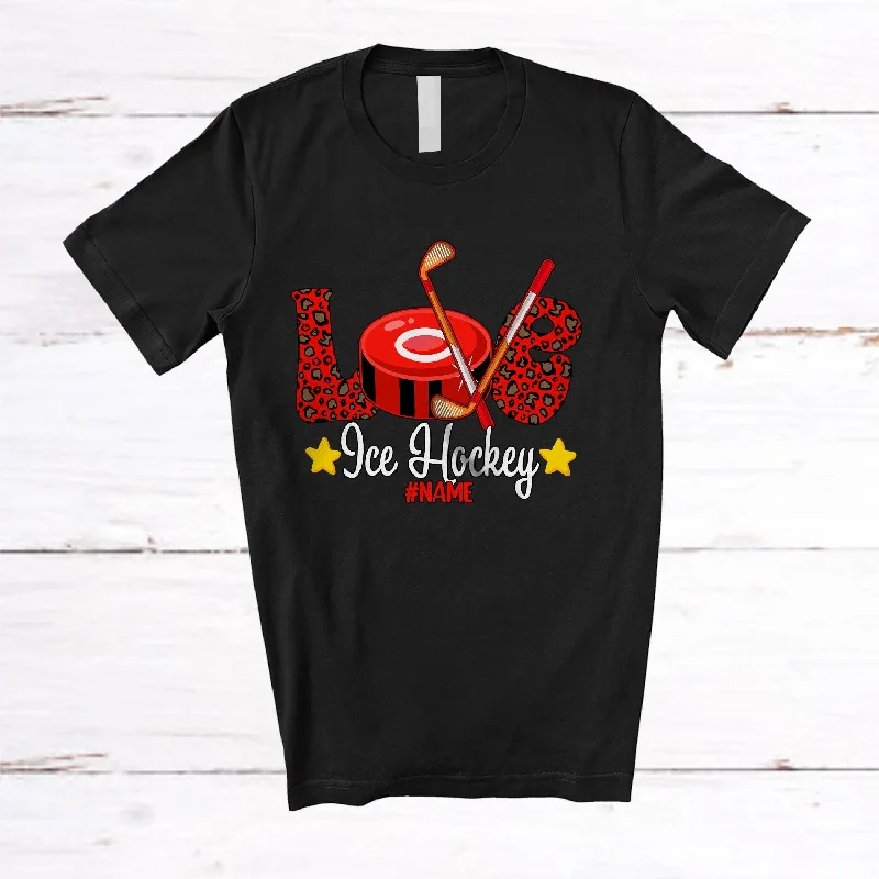 Personalized LOVE Ice Hockey; Amazing Valentine Leopard Ice Hockey; Women Custom Name Player T-Shirt Spandex Blend Rayon Blend Denim Blend