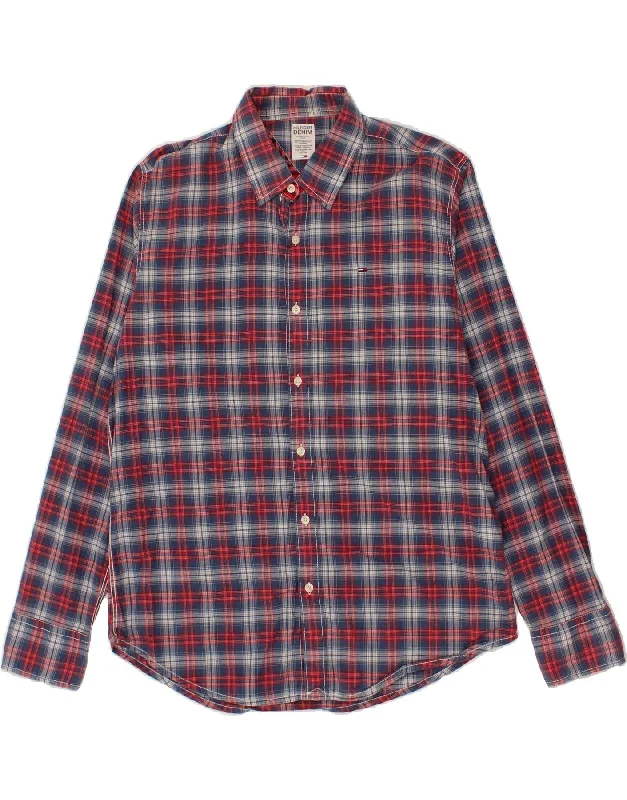 TOMMY HILFIGER Mens Shirt XL Navy Blue Check Cotton Iron Safe Non-Iron Wrinkle Free