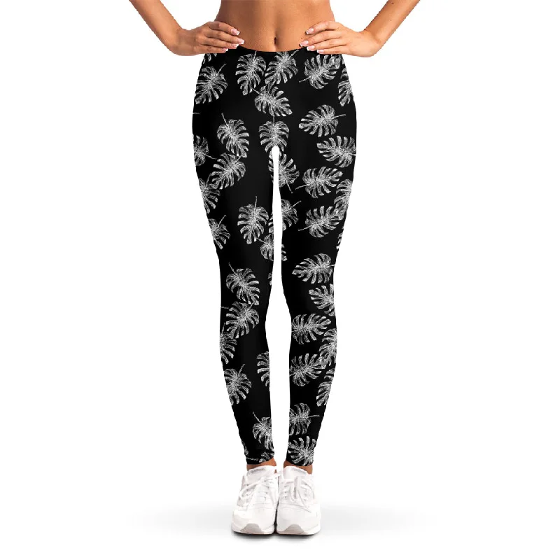 Black And White Monstera Pattern Print Women's Leggings Comfortable Ribbed Waistband Leggings