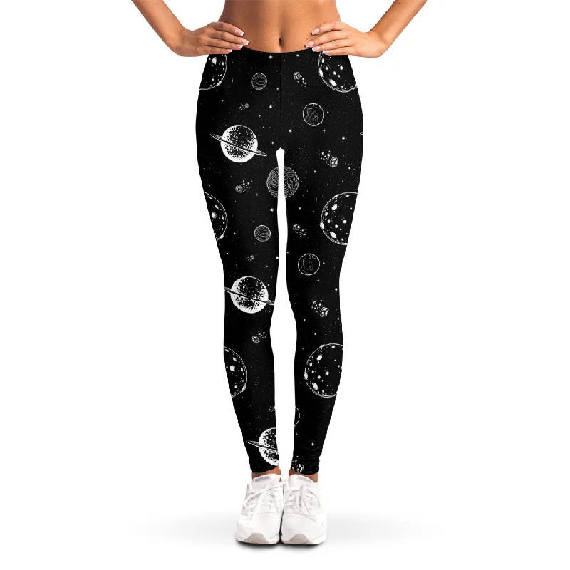 Black And White Planets Pattern Print Women's Leggings Fashionable Leather-Look Leggings
