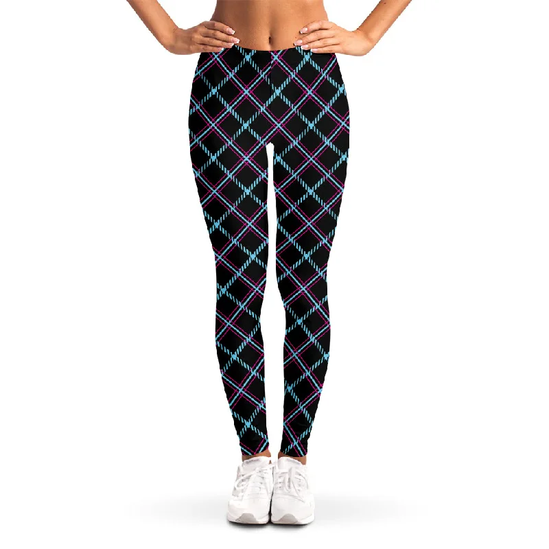 Black Blue And Pink Tartan Pattern Print Women's Leggings Stylish Sporty Performance Leggings