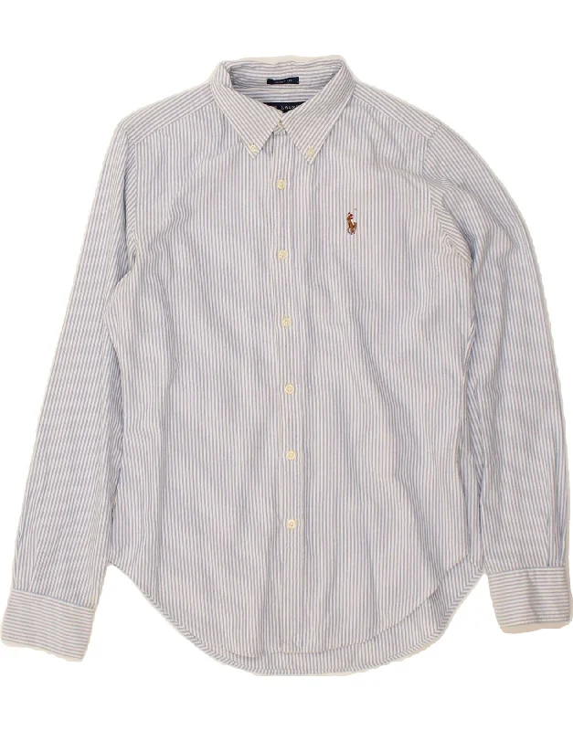 RALPH LAUREN Womens Skinny Shirt US 8 Medium Blue Pinstripe Cotton Print Jacquard Patchwork