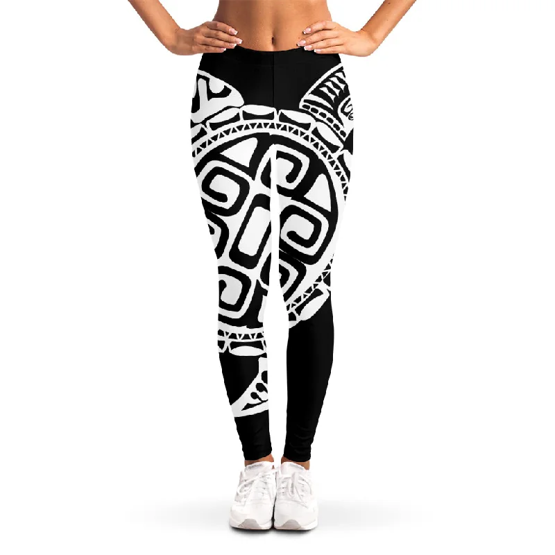 Black And White Maori Sea Turtle Print Women's Leggings Trendy Seamless Fit Leggings