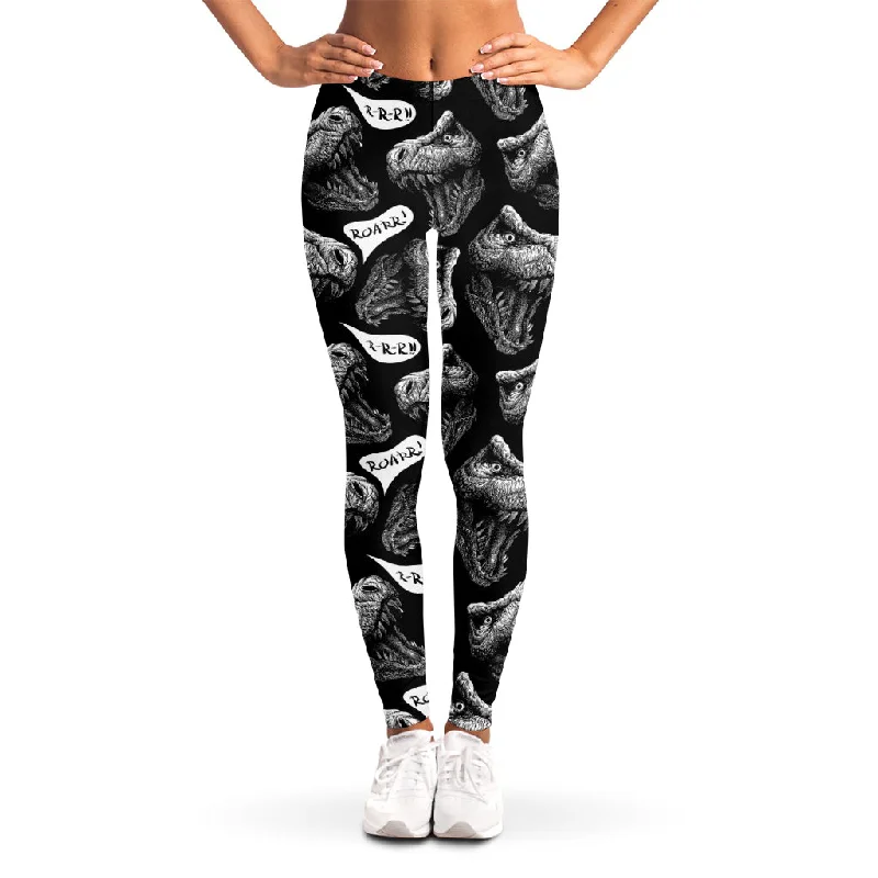 Black And White T-Rex Dinosaur Print Women's Leggings Stylish Winter-Ready Leggings