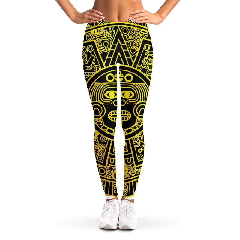 Black And Yellow Maya Calendar Print Women's Leggings Stylish Ultra Stretch Leggings