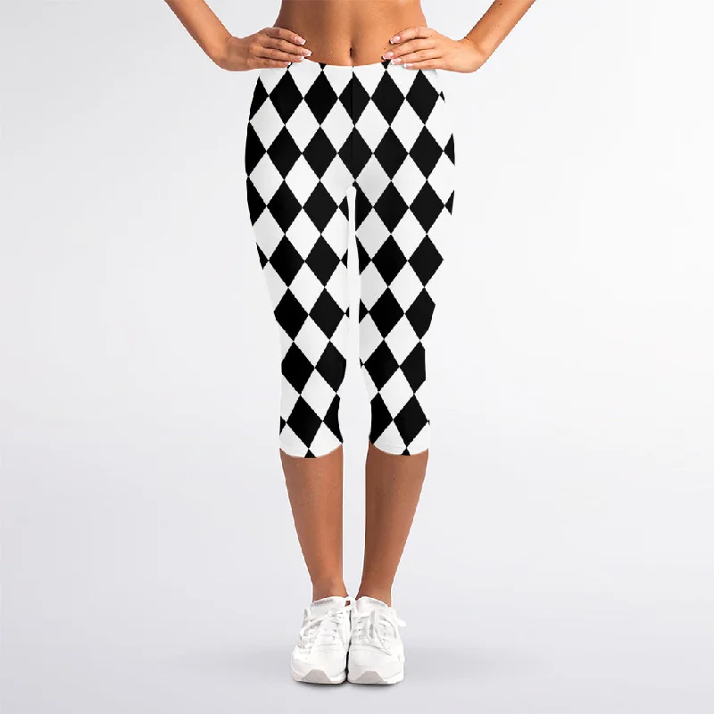 Black And White Harlequin Pattern Print Women's Capri Leggings Cozy Reflective Detail Leggings