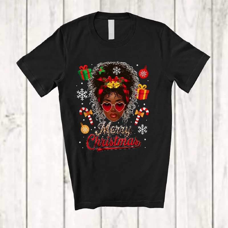 Merry Christmas; Lovely X-mas Afro Women Red Plaid Leopard Face; Black African Family Group T-Shirt Real Fur Shearling Chenille