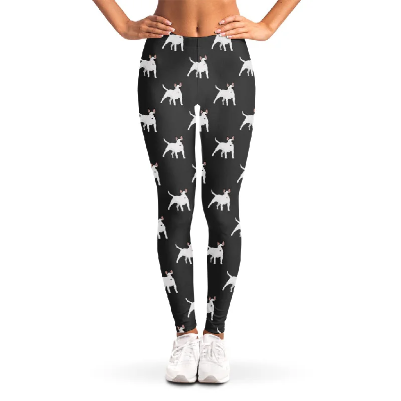 Black Bull Terrier Pattern Print Women's Leggings Fashionable Embroidered Detail Leggings