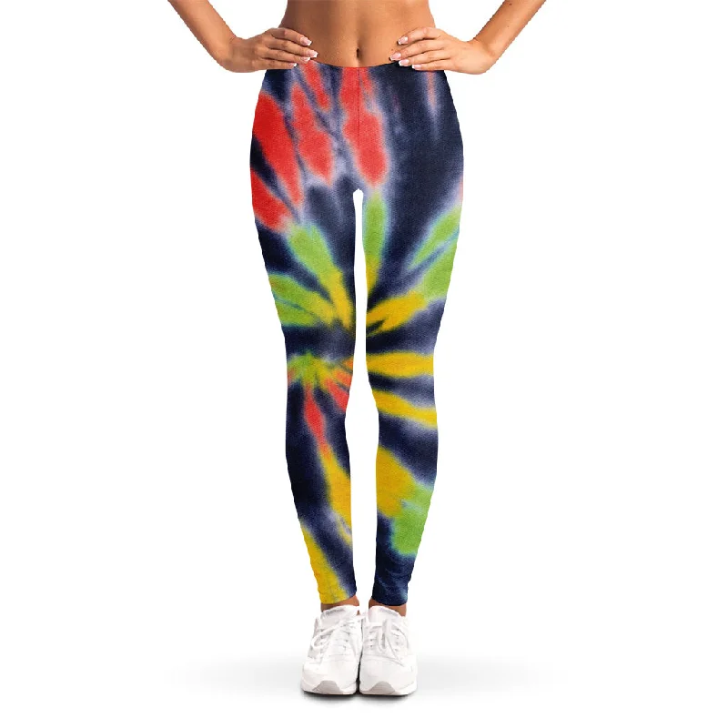 Black Backed Spiral Tie Dye Print Women's Leggings Cozy Textured Workout Leggings