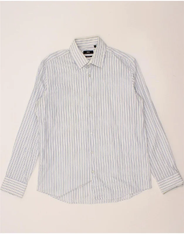 HUGO BOSS Mens Regular Fit Shirt Size 41 16 Large Blue Striped Cotton Chenille Fabric Brocade Fabric Lace Fabric