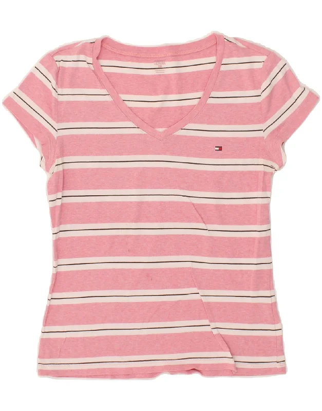 TOMMY HILFIGER Womens T-Shirt Top UK 12 Medium Pink Striped Cotton Fabric Linen Fabric Terry Fabric