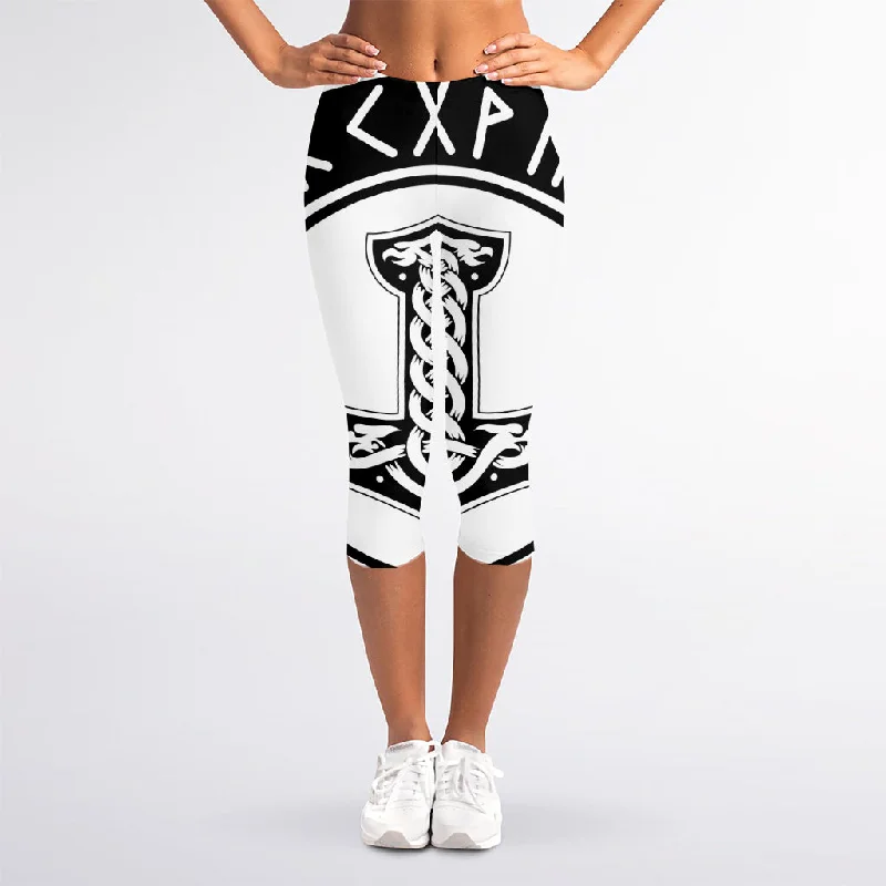 Black And White Mjolnir Print Women's Capri Leggings Stylish Printed Sport Leggings