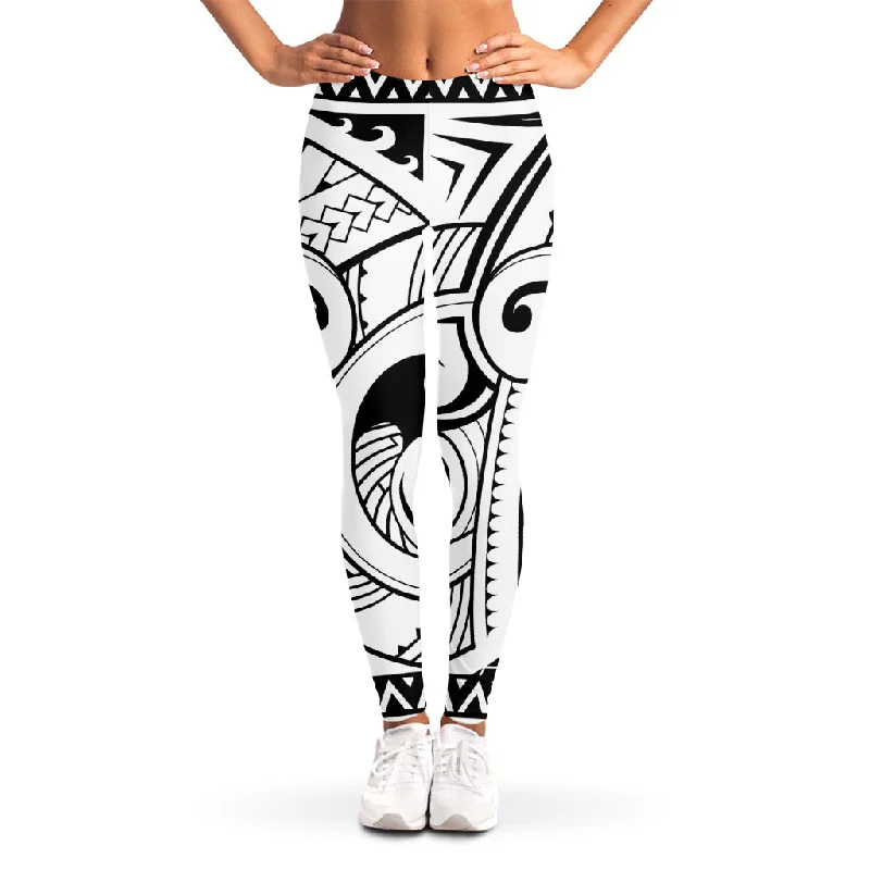 Black And White Maori Pattern Print Women's Leggings Trendy Adjustable Waist Leggings