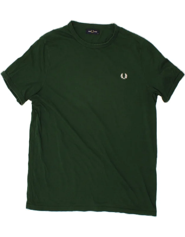 FRED PERRY Mens T-Shirt Top XL Green Cotton Chenille Blend Fleece Blend Nylon Blend