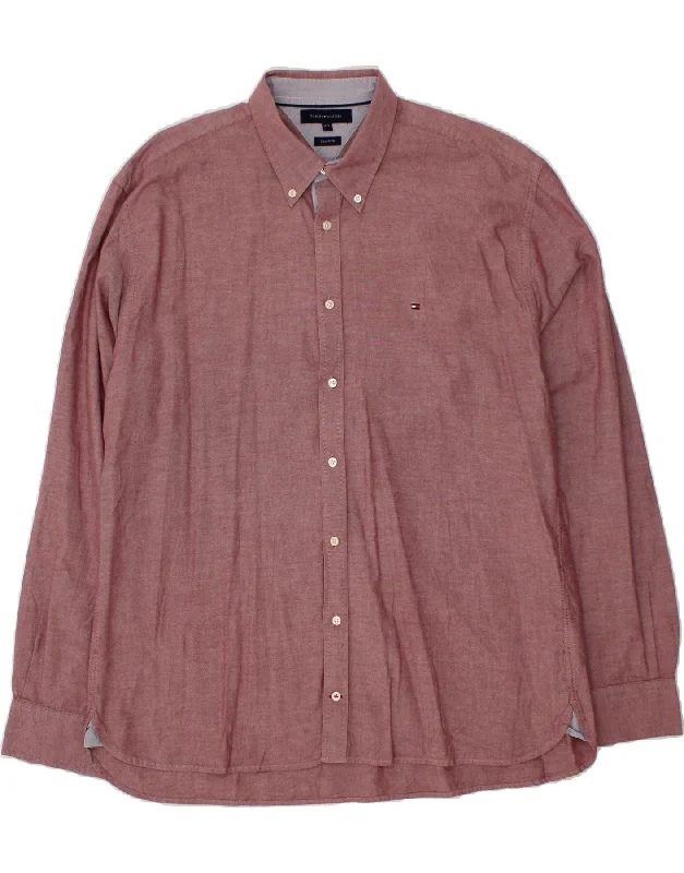 TOMMY HILFIGER Mens Custom Fit Shirt 2XL Maroon Cotton Lace Blend Ribbed Blend Corduroy Blend