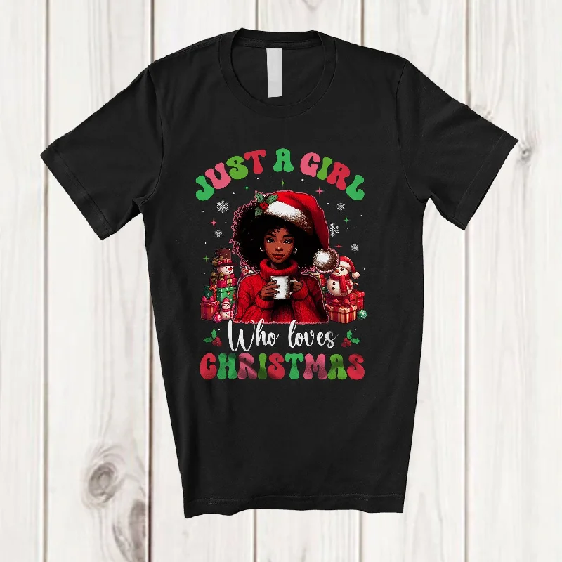 Just A Girl Who Loves Christmas; Adorable X-mas Little Afro Women Drink Coffee; Groovy Family T-Shirt Seamless Knitted Crochet