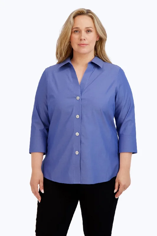 Paityn Plus Pinpoint No Iron 3/4 Sleeve Shirt, Dark Chambray Fitted T-Shirt Seamless Stretchy