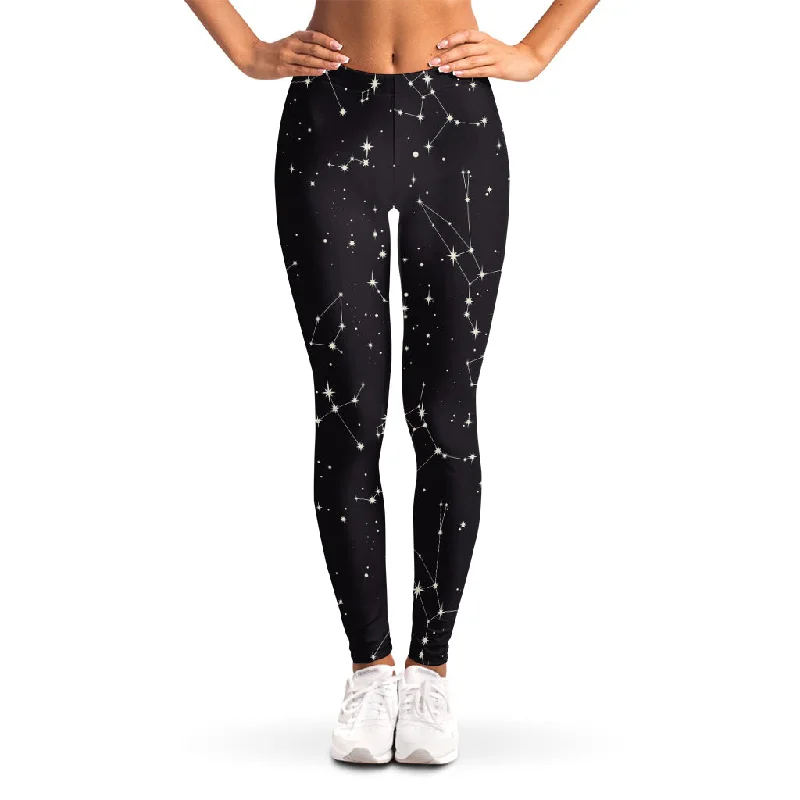 Black And White Zodiac Stars Print Women's Leggings Comfortable Wide-Band Leggings
