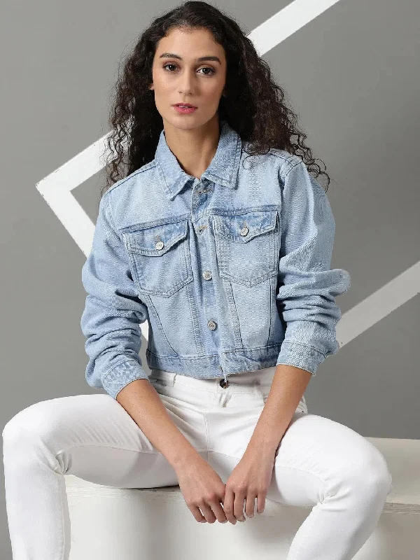Women's Blue Solid Denim Jacket-GZ-5478-Blue Insulated Jacket Fitted Jacket Loose Jacket