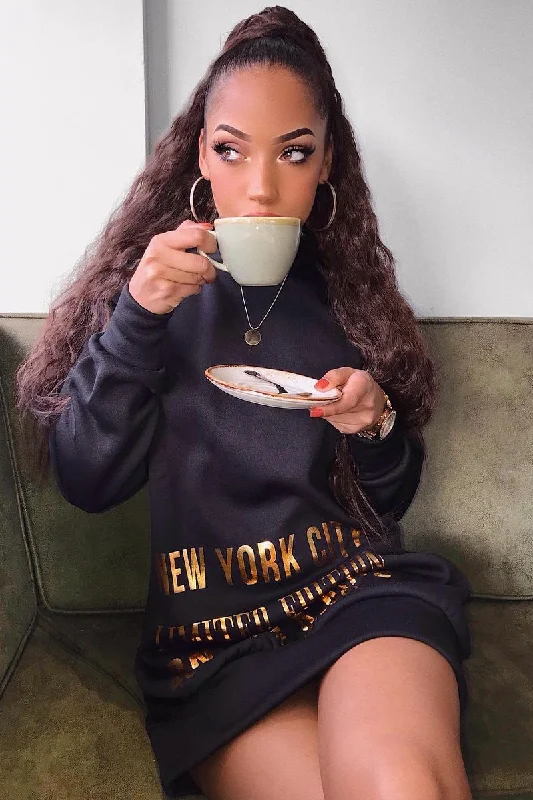 Black Gold New York Slogan Hoodie Dress - Sophira Hoodie with Raglan Sleeves Sporty Comfortable