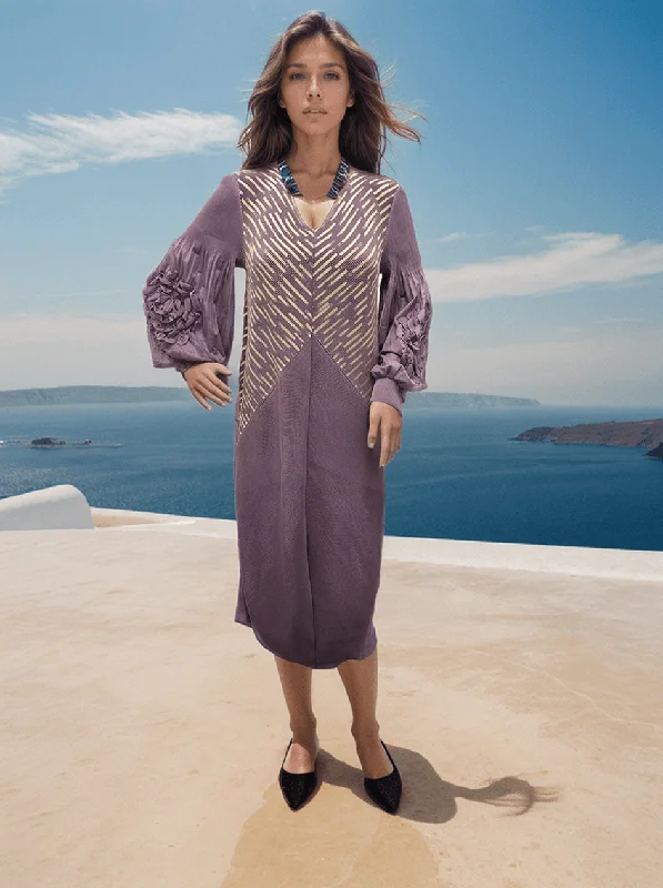 Radiant Purple Korean Dress with 3D Floral Sleeves - Elegant Women's Fashion Tunics Chic fashionable