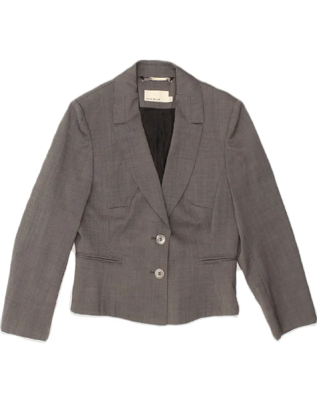 KAREN MILLEN Womens 2 Button Blazer Jacket UK 12 Medium Grey Wool Collared Jacket Crew Neck Jacket Turtle Neck Jacket