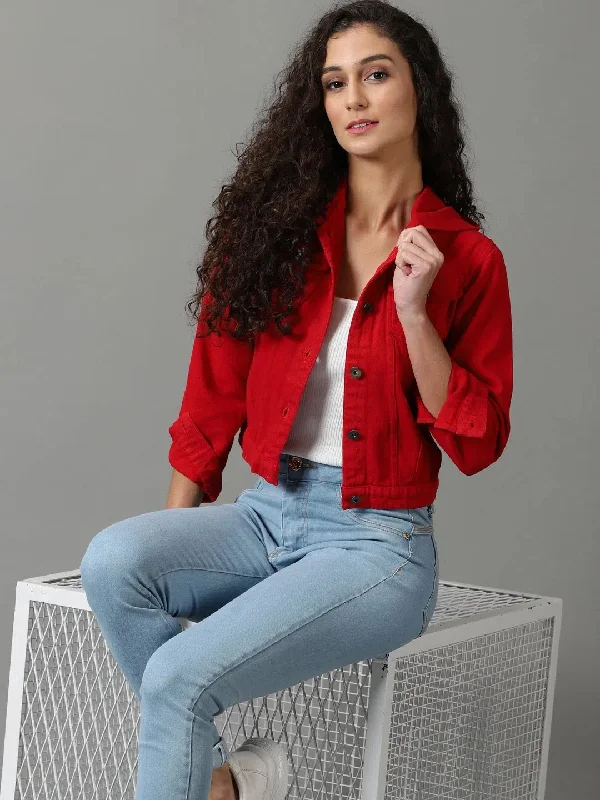 Women's Red Solid Denim Jacket-AE-9511-Red Front Pockets Side Pockets Patch Pockets