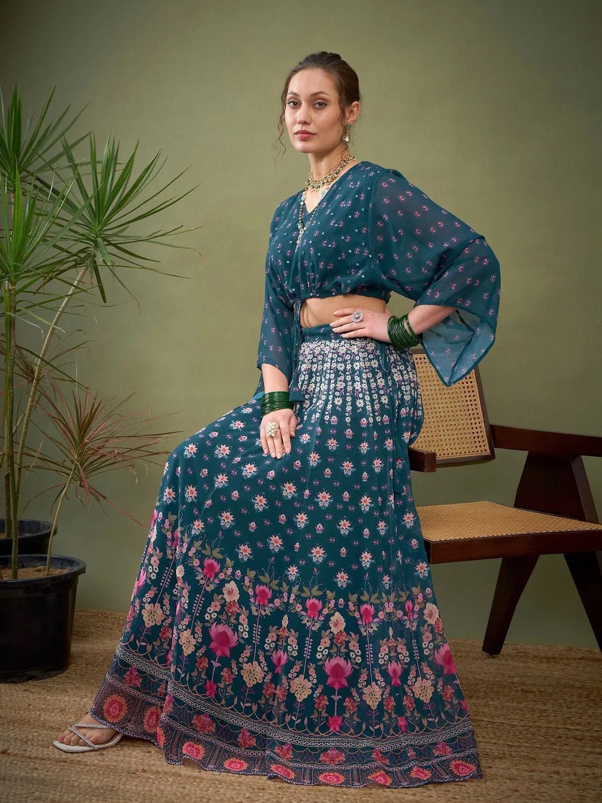 Women Green Floral Anarkali Skirt linen skirt natural