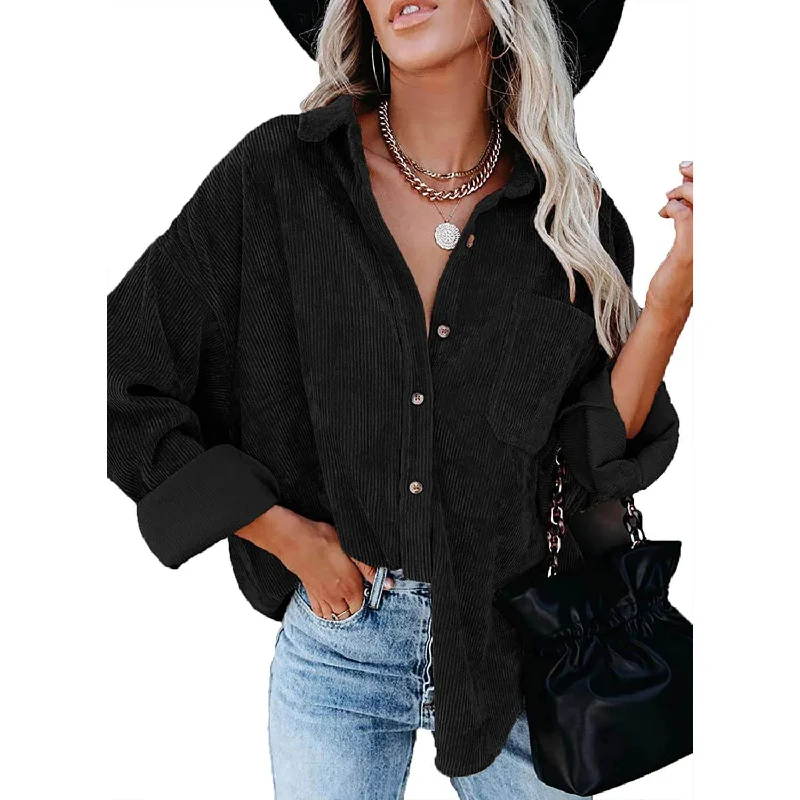 Sidefeel Women Corduroy Long Sleeve Button Down Shirt Oversized Jacket Tops Herringbone Jacket Checkered Jacket Solid Jacket