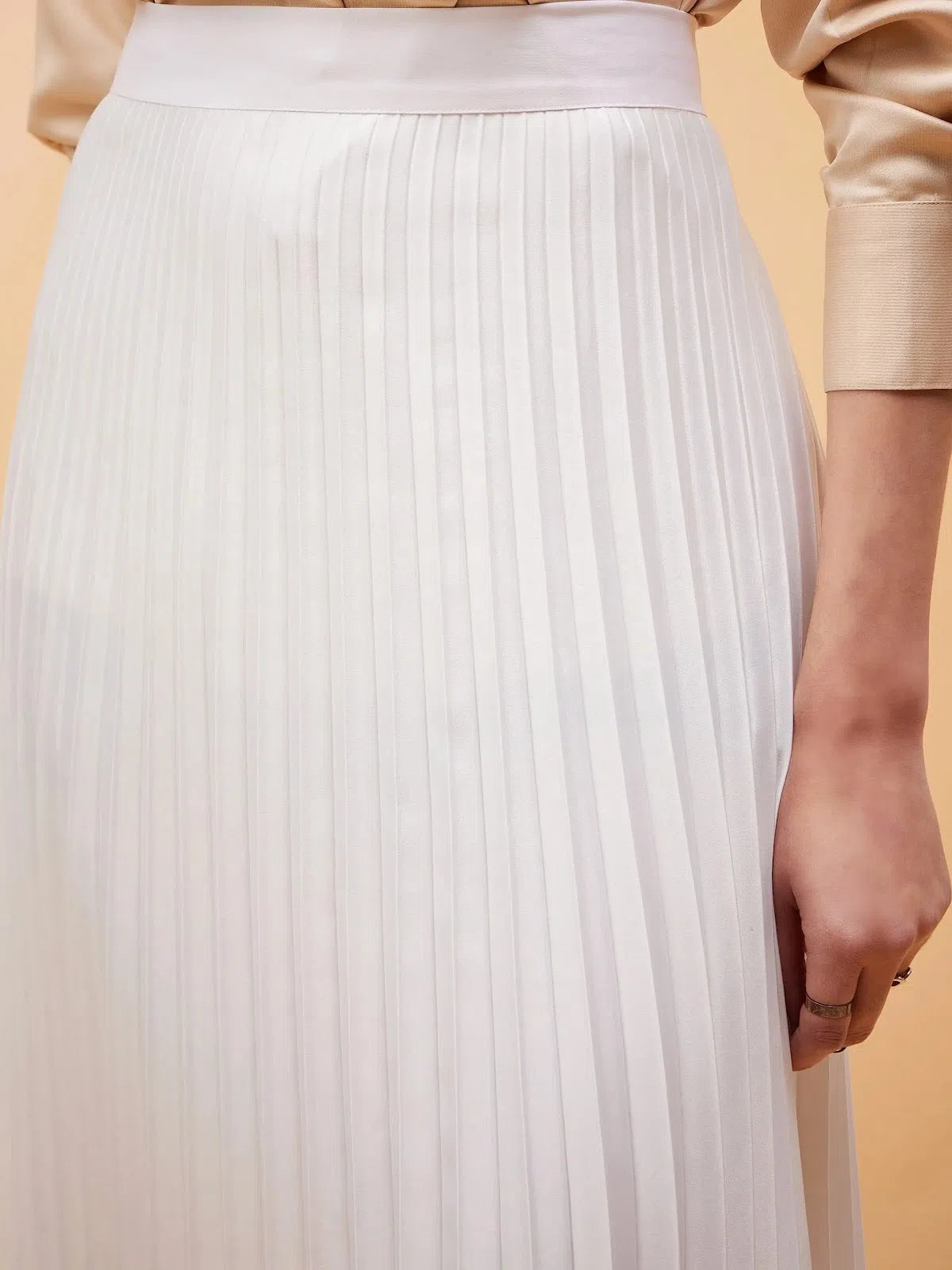 Women White Accordion Pleated Belted Midi Skirt leather skirt bold