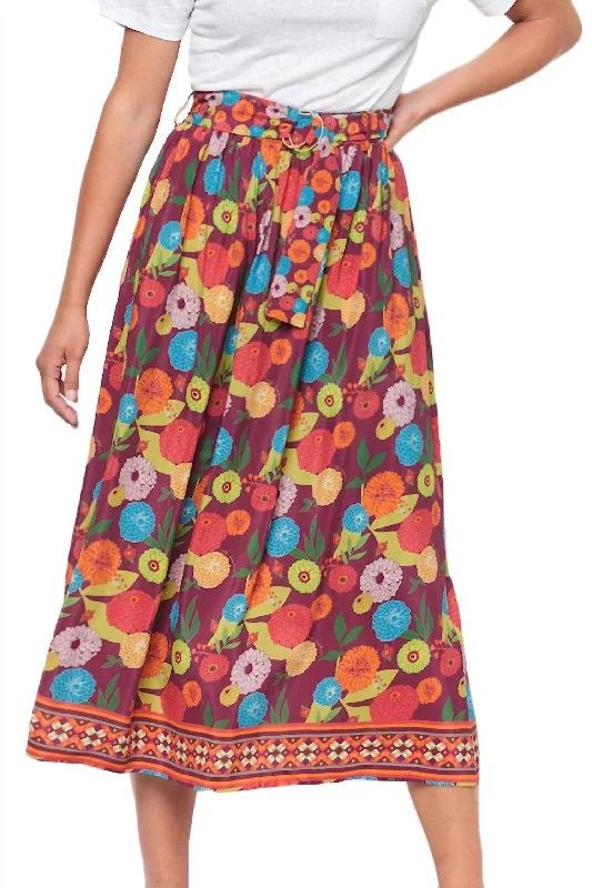 Bella Bouquet Print Skirt In Burgundy Multi low waist skirt