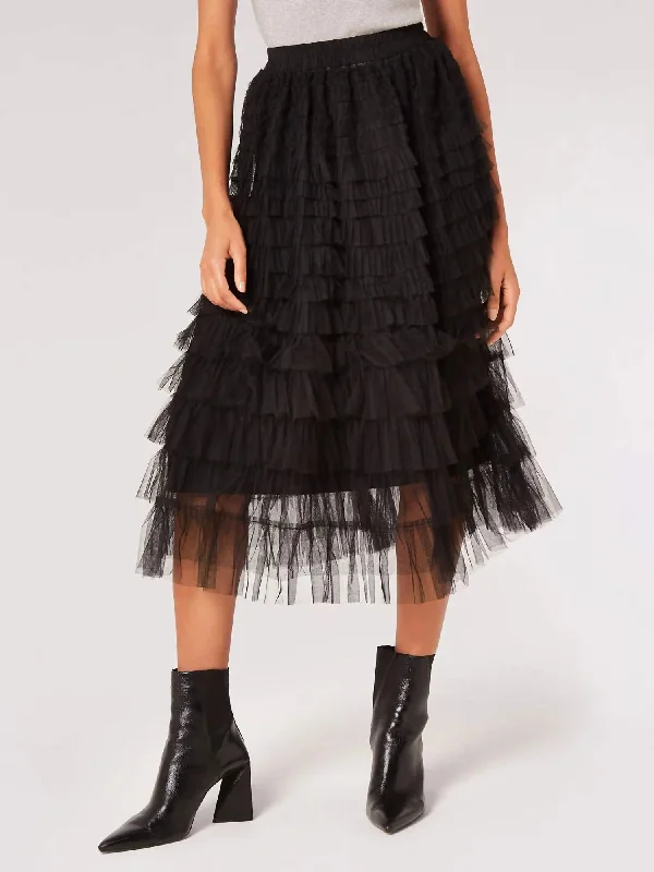 Tulle Layered Midi Skirt In Black leather skirt modern