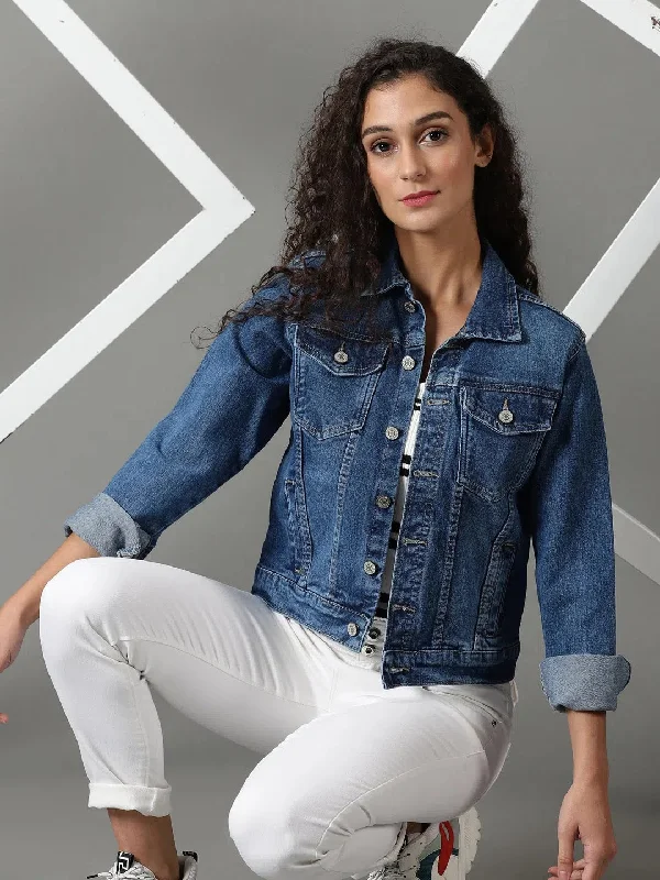 Women's Navy Blue Solid Denim Jacket-GZ-5502-Navyblue Fleece Fabric Down Fabric Feather Fabric