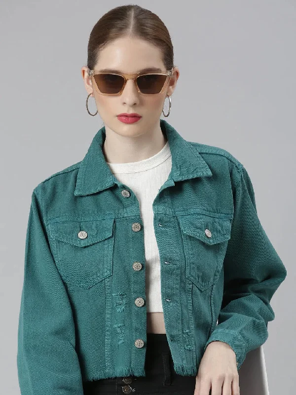 Women Teal Solid Denim Jacket-GZ-5599-Teal Zippered Jacket Buttoned Jacket Snapped Jacket