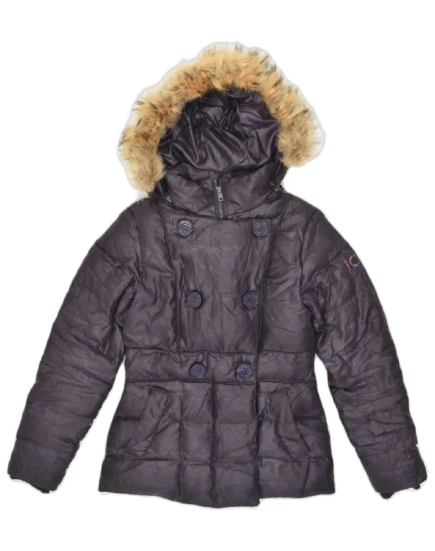 ICEBERG Womens Hooded Padded Jacket IT 44 Medium Navy Blue Polyester Cotton Fabric Linen Fabric Terry Fabric