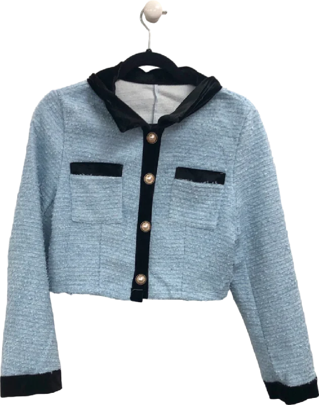 Blue Cropped Button-Up Jacket with Hood UK S Mesh Jacket Canvas Jacket Denim Jacket