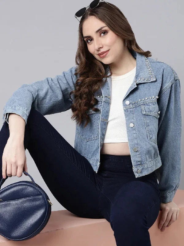 Women Solid Blue Crop Drop Shoulder Denim Jacket-804-9-Blue Zip Front Button Front Snap Front