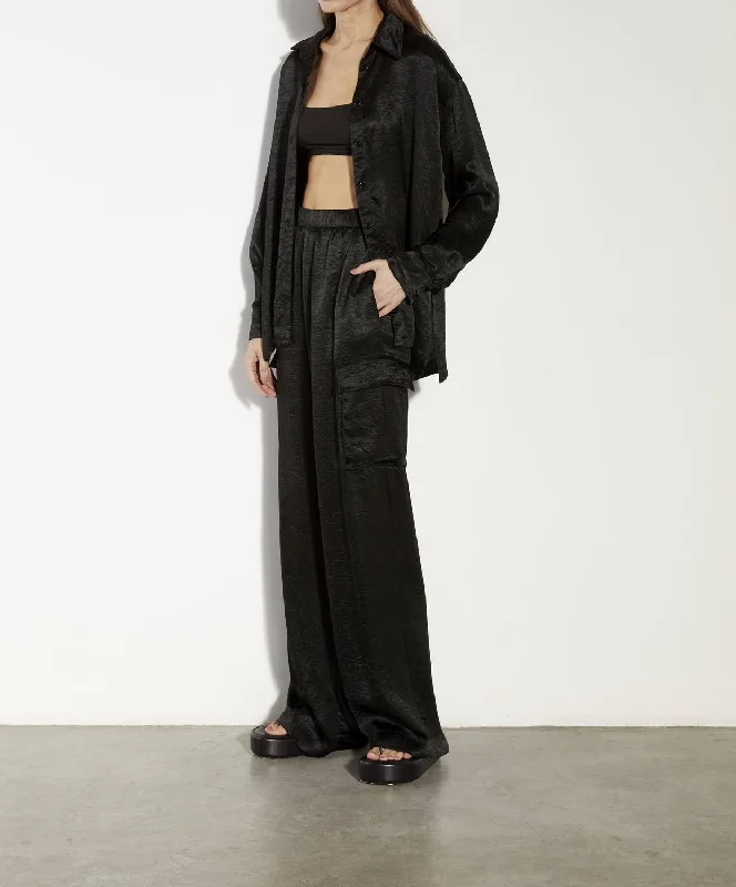 Textured Satin Cargo Pant In Black Cozy Full-Length Pants