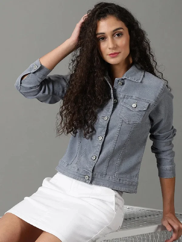 Women's Grey Solid Denim Jacket-LT-JKT-105372-Grey Oversized Jacket Tailored Jacket Straight Jacket