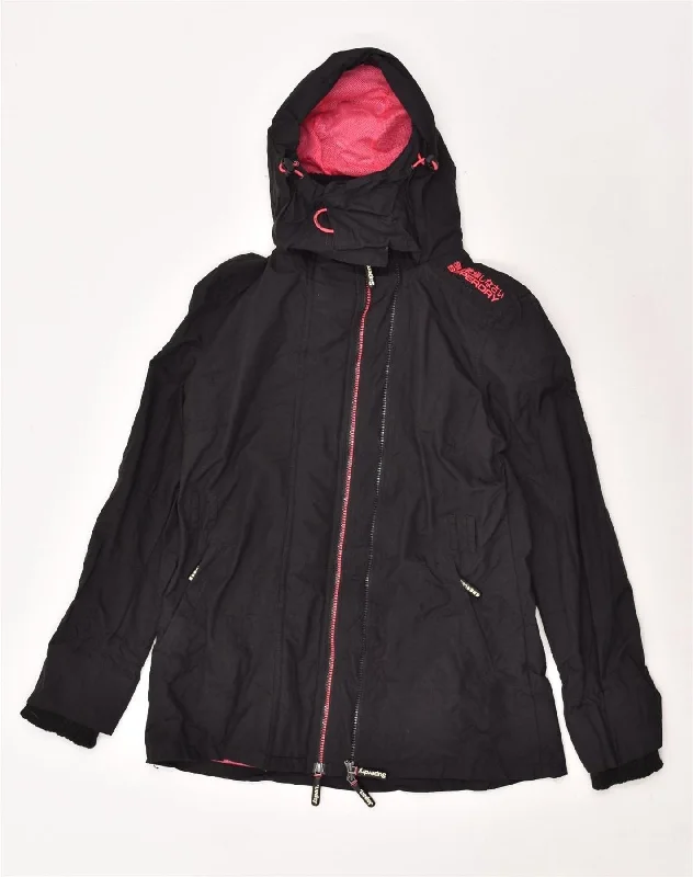 SUPERDRY Womens The Windmac Hooded Windbreaker Jacket UK 12 Medium Black Stand-Up Collar Roll-Neck Collar Turtle Neck