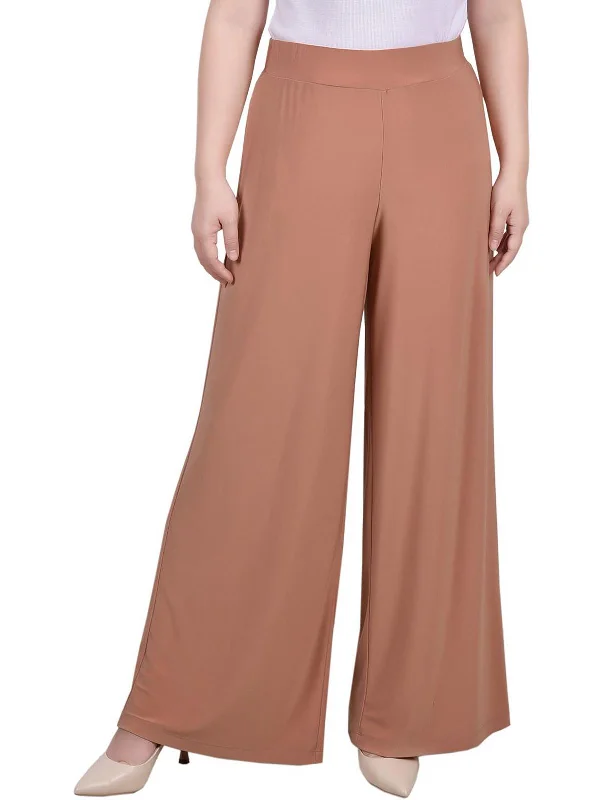 Petites Womens Office Mid-Rise Palazzo Pants Soft Cotton Pants