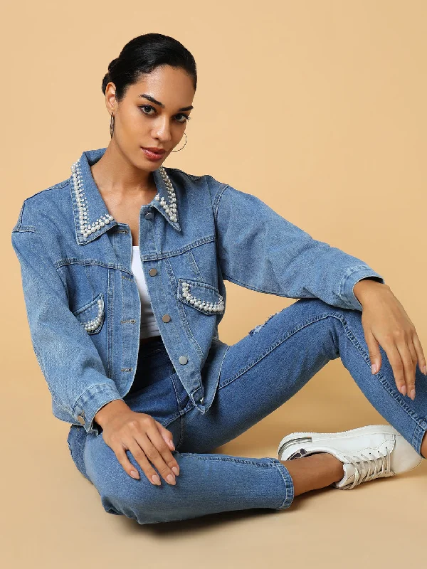 Women Blue Denim Jacket-6710-Blue Striped Jacket Polka Dot Jacket Floral Jacket