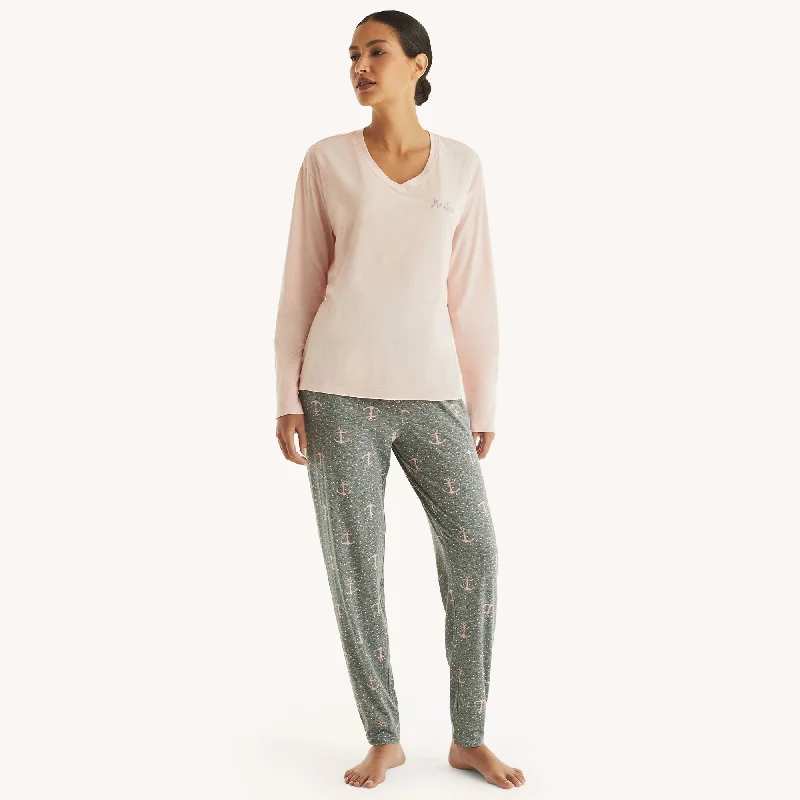 Nautica Womens Jogger Pajama Pant Set Trendy Wide-Legged Trousers