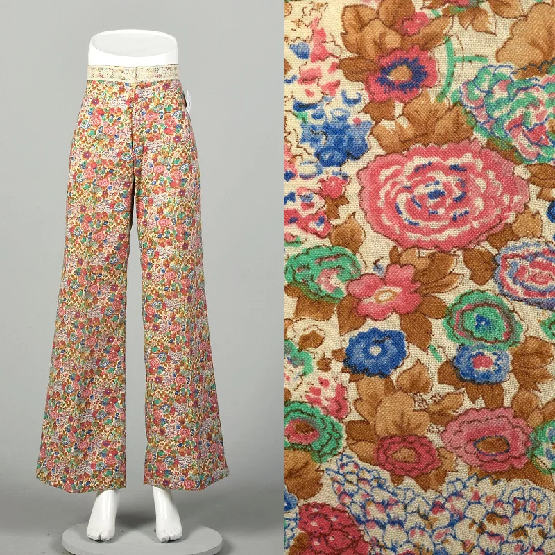 XS 1970s Pants Flower Print Bohemian Hippie Wide Leg Bell Bottoms Trendy Palazzo Pants