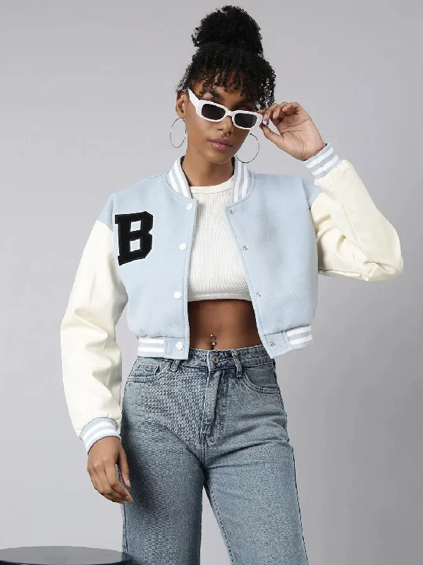 Women Solid Crop Blue Drop Shoulder Oversized Varsity Jacket-8938-Blue Welt Pockets Slit Pockets Flap Pockets
