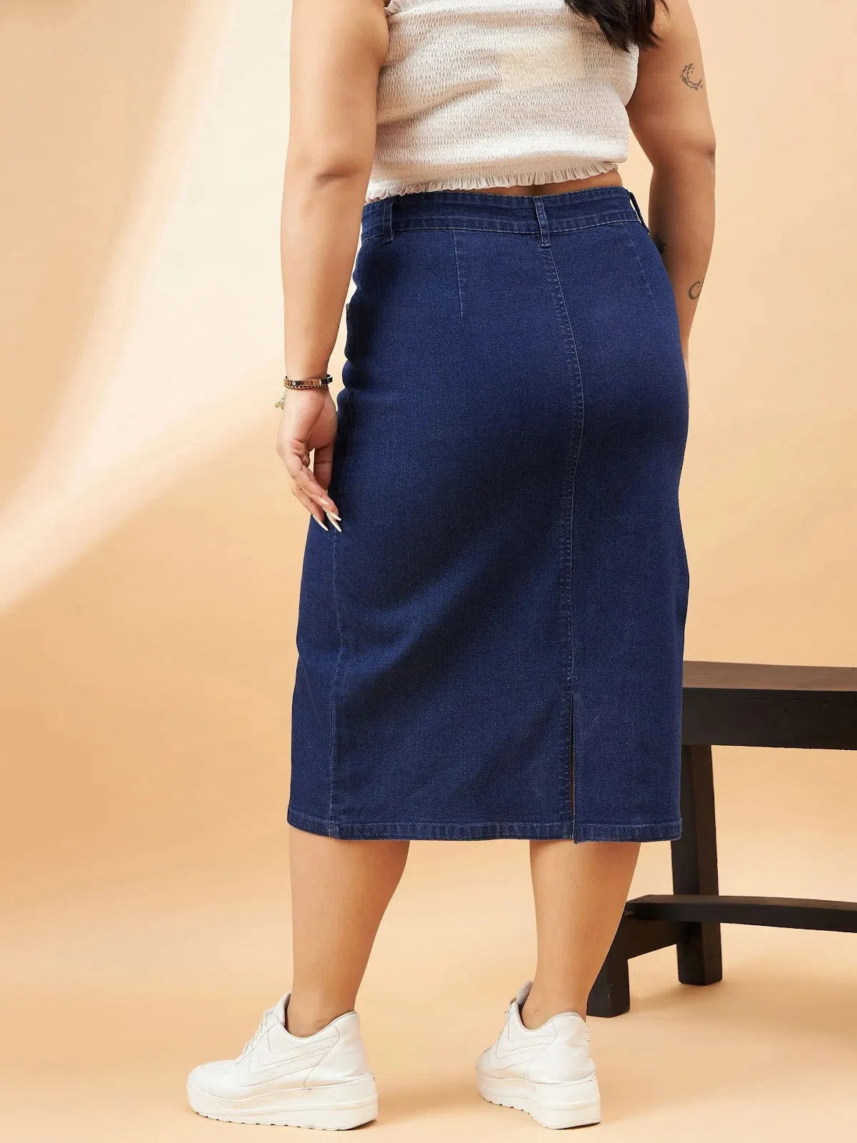 Women Navy Denim Acid Wash A-Line Skirt silk skirt elegant